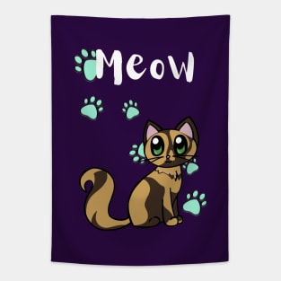 Meow Cute Tortoiseshell Cat With Blue Paw Prints Tapestry