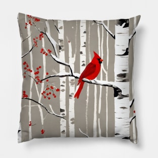 Minimalist Scandinavian Art Winter Birch Tree Red Cardinal Pillow