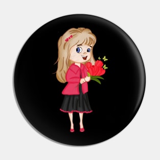 A girl holding a bouquet of red flowers Pin