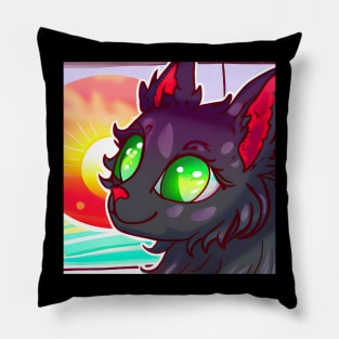 Black cat looking at sunset Pillow