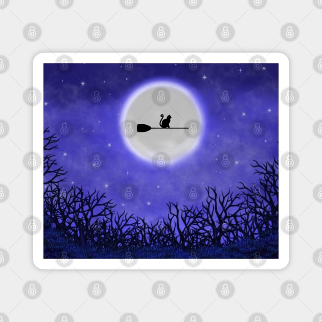 Meowloween Night Flight of a Witch Cat Magnet by Cattingthere