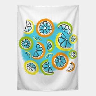 Refreshing orange, lemon, and lime slices on a sky blue painted circle Tapestry