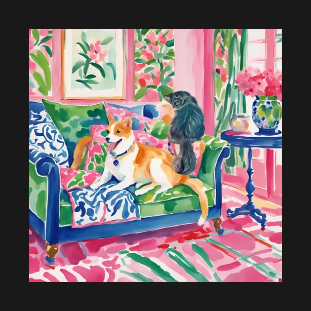 Cat and dog in preppy interior whimsical watercolor by SophieClimaArt