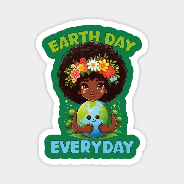 Earth Day Everyday Cute Afro Hair Girl Earth Day 2024 Kids Magnet by JUST PINK