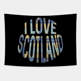 I LOVE SCOTLAND Blue, Grey and Yellow Tartan Colour Typography Design Tapestry