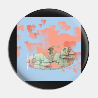 Old pilot with old airplane in the sky with hearts Pin