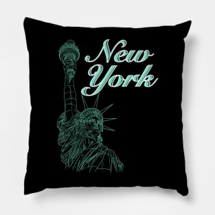 New York with Statue Of Liberty in a green line drawing design #2 Pillow