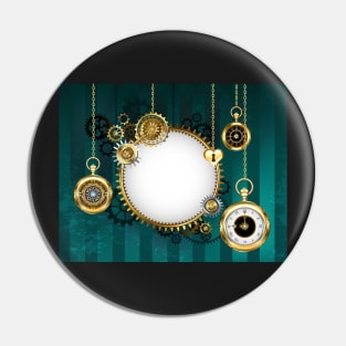 Round Mechanical Banner on Green Background ( Steampunk ) Pin