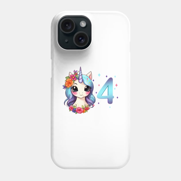 I am 4 with unicorn - girl birthday 4 years old Phone Case by Modern Medieval Design