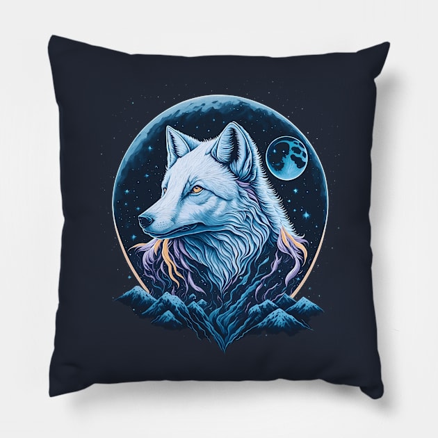 White Arctic Fox at Night Time Pillow by ElMass