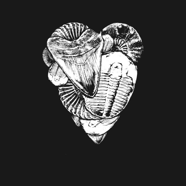 Fossil hunter tshirt - fun paleontology shirt with fossil illustrations in a heart shape by Diggertees4u