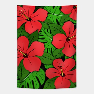 Red Hibiscus Flowers & Monstera Leaves Tapestry