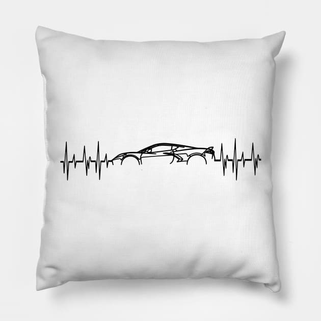 C8 Corvette Heartbeat Black Supercar EKG Sports Car Heart Beat Line Racecar Pulse Pillow by Tees 4 Thee