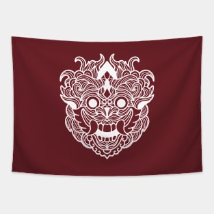 Fiery on Fire Barong Scary Fangs Mandala Black and White Brave Warrior Tapestry