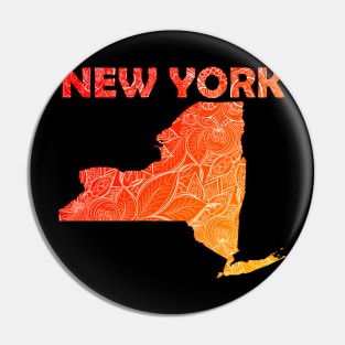 Colorful mandala art map of New York with text in red and orange Pin