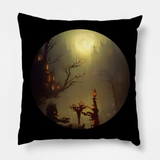 Spooky castle in the fog Pillow