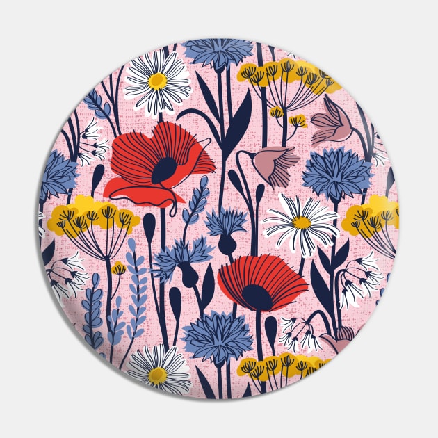 Wild field // pattern // pastel pink background neon red orange shade poppies white daisies denim blue cornflower pink bluebells yellow fennel flowers and other wild flowers meadow plants Pin by SelmaCardoso