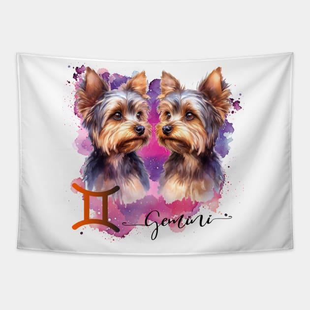 Gemini Zodiac Sign Cute Twin Yorkies Watercolor art Tapestry by AdrianaHolmesArt