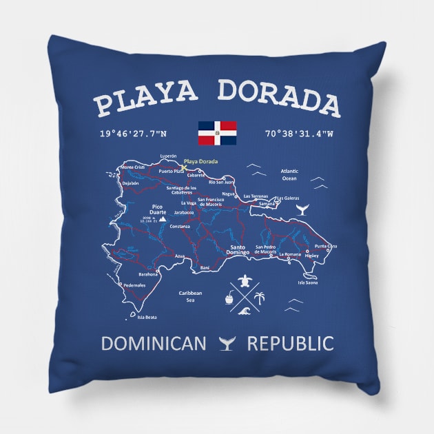 Playa Dorada Dominican Republic Flag Travel Map Coordinates GPS Pillow by French Salsa