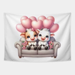 Valentine Cow Couple Sitting Sofa Tapestry
