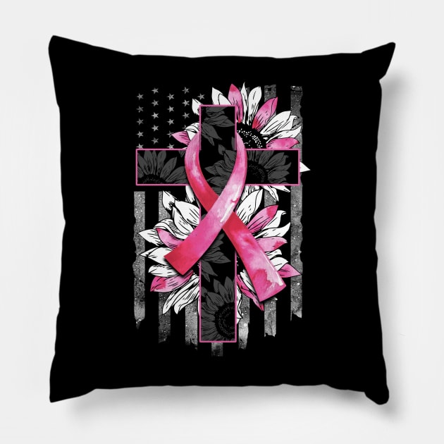 Breast Cancer ribbon with Cross & Flag Pillow by MonarchGraphics