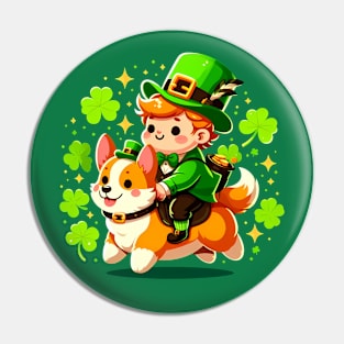 Cute Leprechaun Riding a Corgi - Saint Patrick's Day Theme Pin