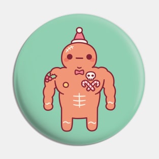 Funny Muscular Gingerbread Man With Christmas Tattoos Pin