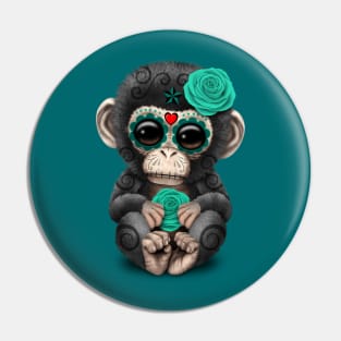 Teal Blue Day of the Dead Sugar Skull Baby Chimp Pin