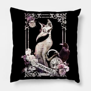 Cat Plague Doctor Say "stay safe" vintage style purple Pillow