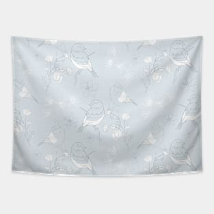 Flowers pattern with Birds in pastel color line art. Tapestry