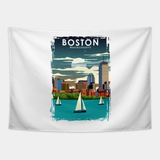 Boston at Night City Skyline Travel Poster Tapestry