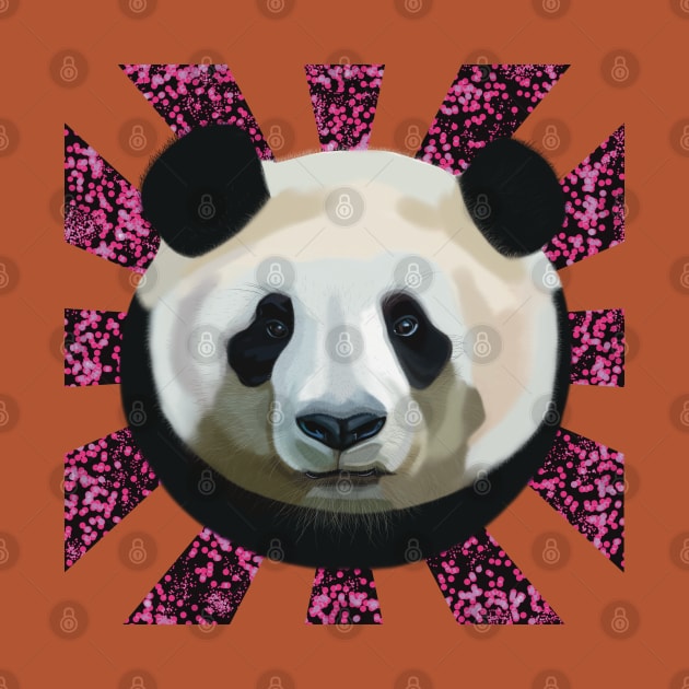 Striking Panda bear on Pink Random Spotted patterned sun rays by KateVanFloof