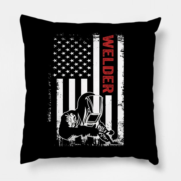 Welding Funny Welder Quotes USA American Flag Pillow by Visual Vibes