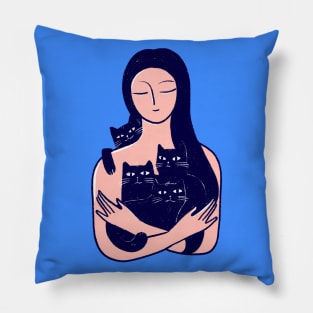 Cat lady with four dark blue cats Pillow