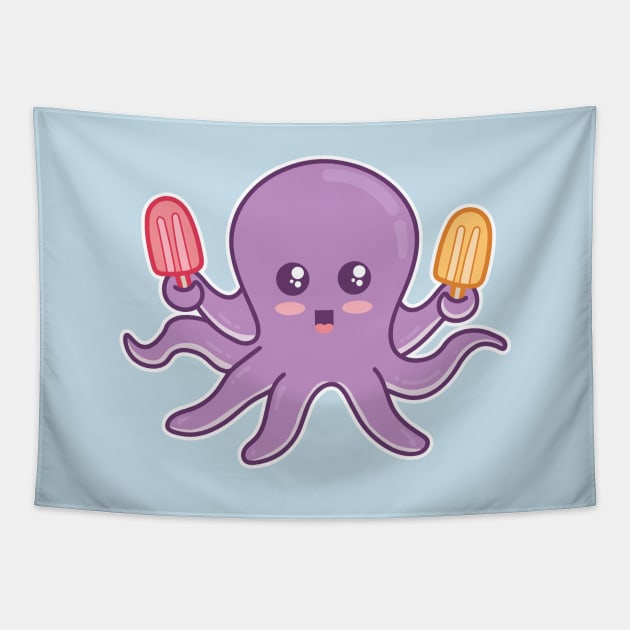 Kawaii Baby Octopus Holding Two Ice Pops Tapestry by Cuteness Klub