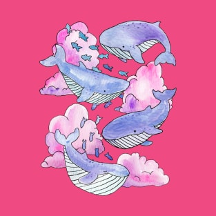 Whales & Fish Swimming Within Dreamy Pink & Purple Clouds T-Shirt