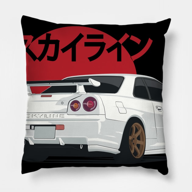 White Skyline GT r R 34 Pillow by Dailygrind