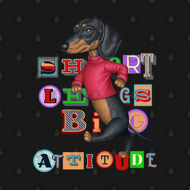 Cute Doxie Dog walking with attitude on a Short Legs Big Attitude Dachshund tee by Danny Gordon Art