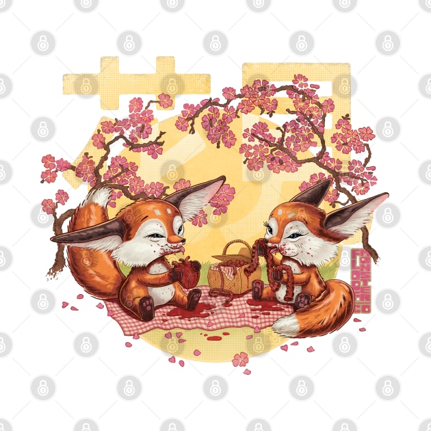 Hanami Fox Picnic (pink) T Shirt by Floof Monster Co