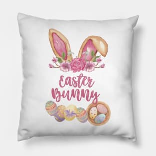 Easter Bunny Ears with Flowers and Easter Eggs Pillow