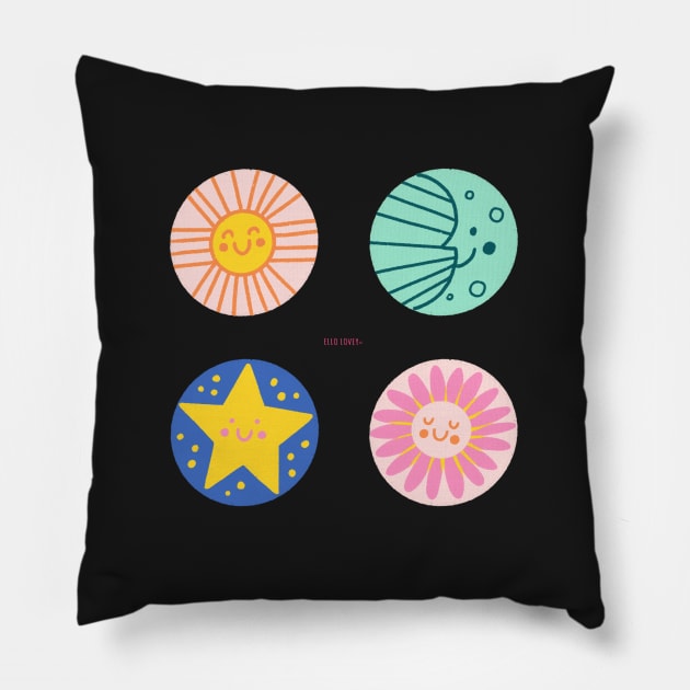 Sun + Moon+ Star + Flower Sticker Set Pillow by ellolovey