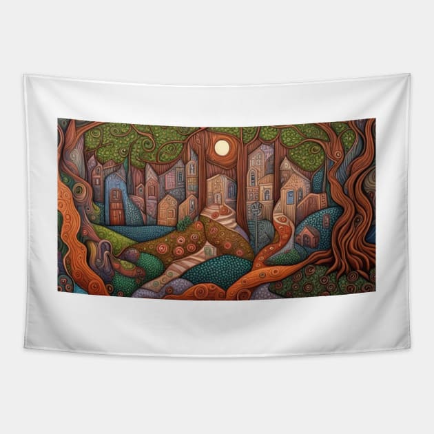 Fairytale Folk Art Forest Houses Tapestry by EpicFoxArt