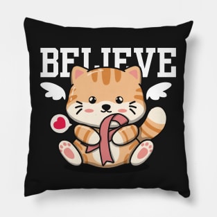 Cute Cat Holding Pink Breast Cancer Awareness Ribbon Pillow