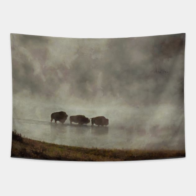 Bison in the Mist Tapestry by Ryan Rad