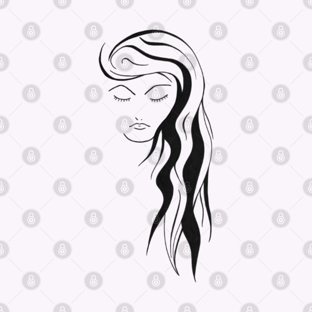 Black and white woman with long hair and eyes closed by Drawings by Wandersti