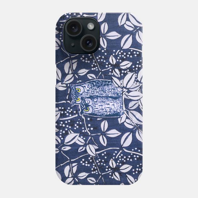 NIGHT OWLS AMONG WHITE LEAVES AND TREE BRANCHES Blue Floral Phone Case by BulganLumini