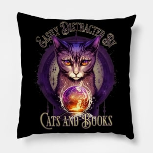 Easily Distracted By Books and Cats Design Pillow