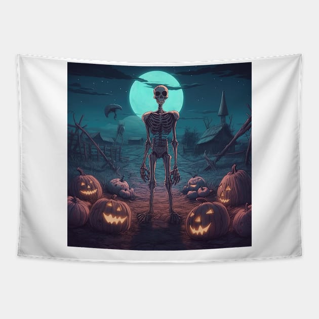 lonely skeleton during halloween Tapestry by Maverick Media