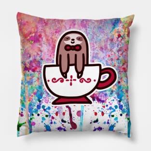 Teacup Bowtie Sloth Rainbow Paint Pillow