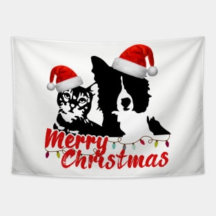 Merry Christmas Cat and Dog Lovers with Santa Claus Hat Tapestry